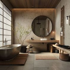 a bath room with a tub a sink and a large mirror on the wall next to a wooden bench