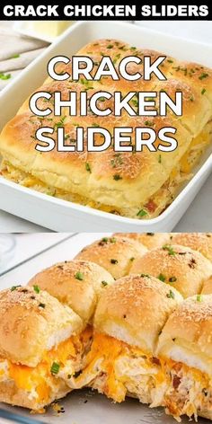 the chicken sliders are cut in half and stacked on top of each other with text overlay