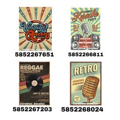 four different types of posters with the names and numbers on each one, including an old record