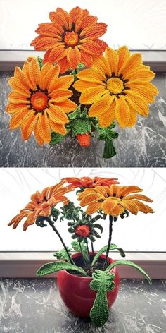 two pictures of orange flowers in a red vase