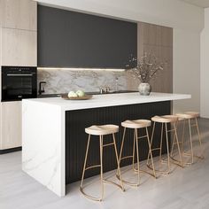 a kitchen with marble counter tops and bar stools next to an oven, microwave and sink