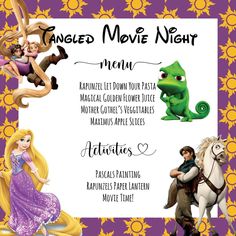 tangled movie night menu with princesses and rappui on the horse in purple