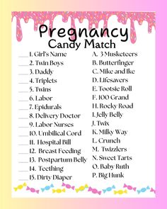 a printable baby shower game with the words, pregnant candy match