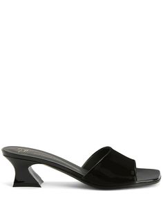 Solhene 45mm leather sandals from Giuseppe Zanotti featuring black, leather, branded insole, patent finish, open toe, slip-on style, mid heel and 45mm. Jimmy Choo Bridal, Aquazzura Heels, Fashion Content, Giuseppe Zanotti Shoes, Bridal Sandals, Designer Sandals, Sandals Black, Gucci Shoes, Mid Heel