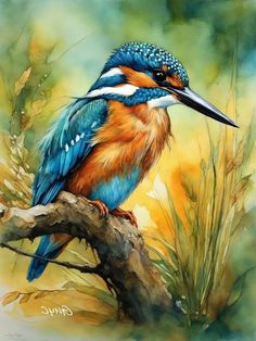 a painting of a blue and orange bird sitting on top of a tree branch in the grass