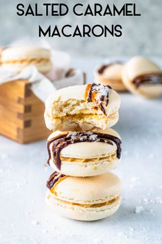 a stack of macarons sitting on top of each other with the words salted caramel macaroons above them