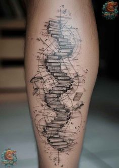 a man's leg with a tattoo on it that has an image of a spiral staircase