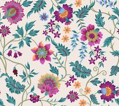 an image of colorful flowers and leaves on a white background for wallpaper or fabric