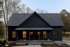 a small black house with a metal roof