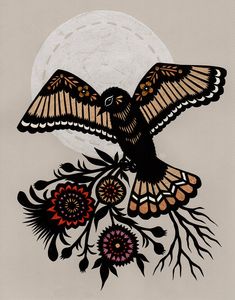 an image of a bird flying in front of the moon with flowers and leaves on it