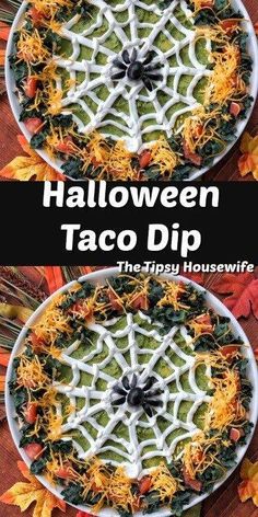 halloween taco dip with cheese and vegetables in it