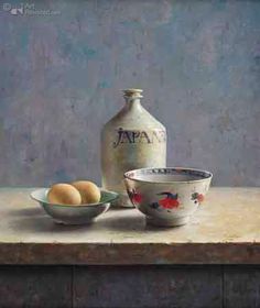 a painting of eggs and a bottle on a table