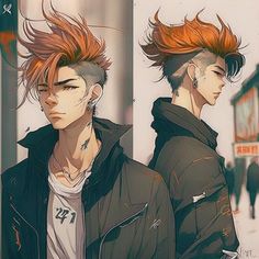 two anime guys with red hair and piercings on their ears, standing in front of a building