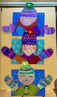 an art project with children's hats and mittens