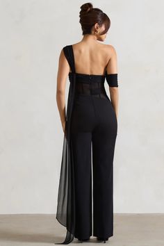 Fatale Black Draped-Sleeve Corseted Jumpsuit With Sash – Club L London - USA Structured Corset, Club L London, Black Drapes, Black Dress Prom, Black Tie Gala, Drape Sleeves, Corset Bodice, Asymmetric Neckline, Party Dress Long Sleeve