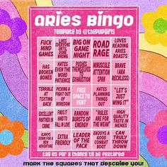 the poster for aprie's bingo is shown in pink and purple colors, with flowers