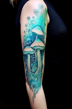 a woman's arm with mushrooms on it and blue watercolors in the background