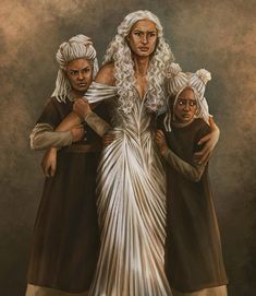 a painting of three women with white hair and one is holding her arms around the other