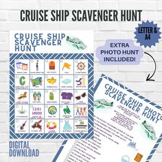 the cruise ship scavenger hunt is displayed on a white brick wall with blue accents