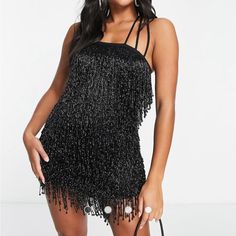 Never Worn. Sz 2 But Fits On Smaller Side. Mini Sparkly Dress, Hen Party Dress, Swift Concert, Fringe Mini Dress, Concert Outfits, Concert Fits, Asos Dress, Sparkly Dress, Black Fringe