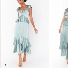 two pictures of a woman wearing a dress with ruffles on the bottom and side