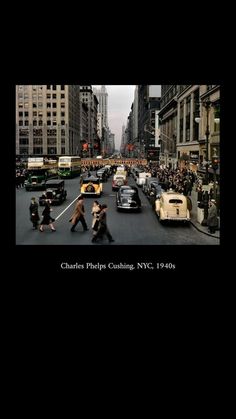 an old photo of people crossing the street in new york city, with cars and pedestrians