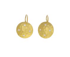 Four sparkling clear diamonds are flush set in the north, south, east and west points of these hand-hammered Cathy Waterman disc earrings. The perfectly round drops have a fine milgrain edging and connect to 22K yellow gold lever backs to create an easy-to-wear take on the gold drop. total length : 3/4"width : just over 1/2"diamonds : 1mm diameter each22K yellow gold lever backs Alex Sepkus, Digby And Iona, Alice Cicolini, Rebecca Overmann, Maria Tash, Cathy Waterman, West Point, Disc Earrings, North South