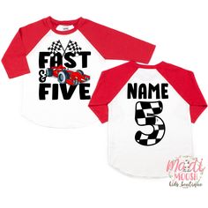 two year old birthday shirt with red and white raggings on the sleeves, one is