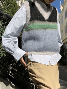 V Neck Color Block Striped Fuzzy Sweater Vest - AnotherChill Y2k Outfits Summer, Preppy Vintage, Sleeveless Jumper, Sweater Vest Women, Beige Cardigan, Fuzzy Sweater, Elegant Dresses For Women, Sweaters Online, Cute Sweaters