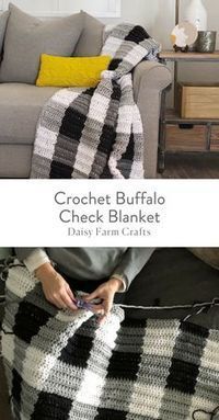 crochet buffalo check blanket is shown in two different photos, one with a woman's hand holding the yarn