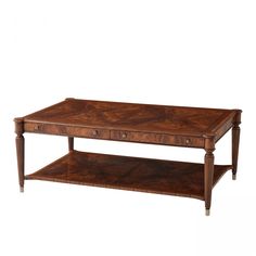 a wooden coffee table with two drawers on each side and one shelf below the top