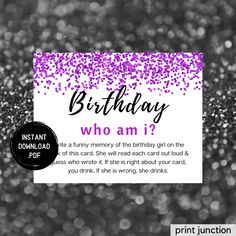 a birthday card with the words, who am i? and purple confetti