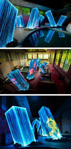 three different views of the inside of a building with blue lights on it and people walking around