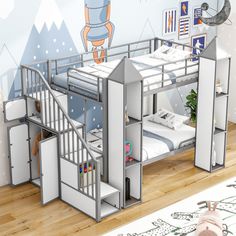 Metal Twin Over Twin Castle-Shaped Bunk Bed With Wardrobe And Multiple Storage Bunk Bed With Wardrobe, Boys Loft Beds, Unique Bunk Beds, White Kids Bed, Kids Beds For Boys, Wardrobe Open, Storage Staircase, Bed With Wardrobe, Bunk Beds With Stairs