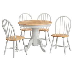 The 5pc Hawthorne Round Dining Set from Buylateral is sure to enhance your dining space with charm. The round modern farmhouse design creates a cozy interactive space for family and guests to gather. With its natural and white two-tone finish, and 40 inch diameter, this table is an ideal fit for smaller spaces. Constructed of environmentally friendly solid rubberwood, the table features a turned footed pedestal base for added interest. The matching two-tone spindle back Windsor dining chairs fea Round White Table, Interactive Space, Grandma Card, Windsor Dining Chairs, Dining Table White, Round Pedestal Dining, Round Pedestal Dining Table, Round Dining Table Sets, Round Dining Set