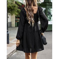 Black Square Neck Jacquard Chiffon Long Sleeve Dress Elegant Black Chiffon Mini Dress, Elegant Black Mini Chiffon Dress, Elegant Black Mini Length Chiffon Dress, Spring Black Chiffon Mini Dress, Black Long Sleeve Chiffon Dress For Fall, Black Chiffon Dress For Fall, Chiffon Long Sleeve Dress, Long Sleeve Chiffon Dress, Chiffon Long Sleeve