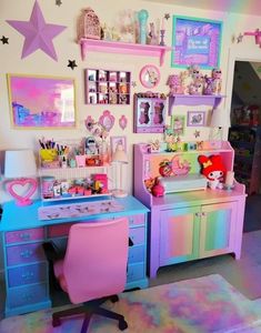 a child's desk with lots of toys on top of it in a room