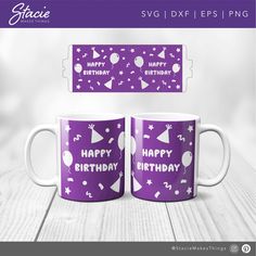 two purple mugs with happy birthday designs on them