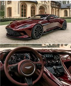 the interior and dashboard of a red sports car in front of a large building with windows