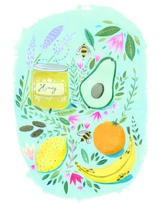 an illustration of various fruits and vegetables with honey, avocado, banana, oranges