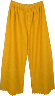 A deep yellow orange turmeric spice color elephant leg Hollywood pants, perfect wide-leg pants for the summer season. These paisley embroidered pants are made from premium combed cotton fabric with moisture management, wicks moisture away and dries quickly to help keep you cool. Breathable mesh fabric because of the fine elaborate machine embroidery provides enhanced cooling. A tailored cut for a perfect fit. These pants are slightly sheer. They will be Capri length or ankle length depending on Relaxed Fit Cotton Wide Leg Pants In Yellow, Relaxed Fit Yellow Cotton Wide Leg Pants, Yellow Relaxed Fit Wide Leg Pants, Mustard Cotton Pants For Summer, Yellow Cotton Wide Leg Pants For Summer, Summer Yellow Cotton Wide Leg Pants, Mustard Wide Leg Cotton Bottoms, Traditional Yellow Cotton Bottoms, Traditional Yellow Pants For Summer