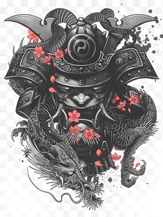 Hannya Maske Tattoo, Tattoo Daruma, Samurai Mask Tattoo, Black Sleeve Tattoo, Samurai Warrior Tattoo, Samurai Illustration, Samurai Artwork, Warrior Tattoos