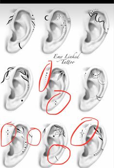 the different types of ear piercings are shown in black and white, with red lettering