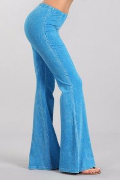 So Amazing!  Looks like mineral wash jeans, but feels like leggings, has elastic waist.  Each item is hand-dyed, should expect variations American made Cotton/Spandex 93/7 Jersey.  Great Resort Wear!  Stay Sexy! Playful Light Blue Bottoms At Cheap Price, Blue Bell Bottoms, Blue Bell, Online Clothing Boutiques, Bell Bottom Pants, Azure Blue, Washed Jeans, American Made, Resort Wear