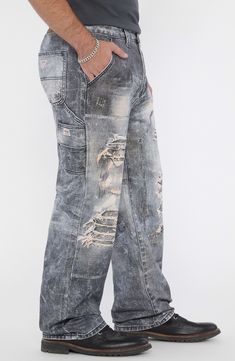 A vintage-inspired take on the utility trend, these distressed nonstretch carpenter jeans feature a low-rise waist, full-length wide legs and a paneled design. 32" inseam; 19" leg opening; 12 1/4" front rise; 16" back rise Front slant pockets; back patch pockets 100% cotton Machine wash, tumble dry Imported Urban Denim Blue Distressed Flare Jeans, Urban Style Distressed Denim Blue Flare Jeans, Urban Distressed Denim Blue Flare Jeans, Urban Style Ripped Denim Blue Cargo Jeans, Casual Distressed Straight Leg Cargo Jeans, Distressed Washed Blue Flare Jeans, Casual Straight Leg Distressed Cargo Jeans, Distressed Medium Wash Cargo Jeans For Streetwear, Distressed Medium Wash Cargo Jeans Streetwear