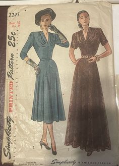 1940s Tea Evening Dress Bust 36 #VintageSewingPattern Simplicity 2247 Fit Flare | eBay Tea Evening, Pin Up Princess, 1940s Dress Pattern, Dinner Dresses, Blithe Spirit, 1940s Dresses, Vintage Sewing Patterns, Brands Outlet, Dress Pattern