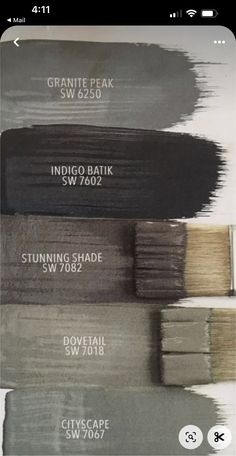 some paint samples with different shades and colors on them, including brown, gray, black, and white