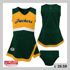 Since your little one is steadily growing as an Green Bay Packers fan, celebrate that by grabbing this Two-Piece Cheer Captain set. With its fun design that would go perfectly with a pair of pompoms, your kiddo will be more than ready to lead the rest of the crowd in a cheer for their favorites. The team-color jumper even includes two snaps at the back for easy dressing, making for a stellar piece of Green Bay Packers apparel. Green Bay Packers Cheerleaders, Green Bay Packers Girl, Cheer Costumes, Green Bay Packers Clothing, Cheer Dress, Cheer Captain, Green Bay Packers Fans, Nfl Green Bay, Team Apparel