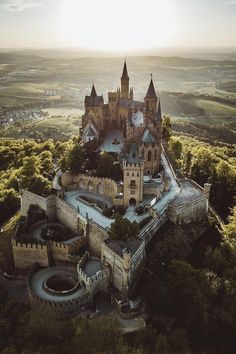 an aerial view of a castle surrounded by trees