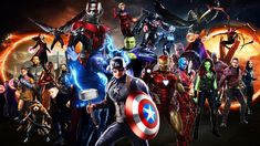 the avengers movie poster with many different superheros and villain characters in front of them